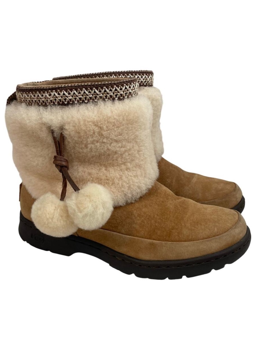 UGG Women's Brie Chestnut Suede Shearling Pom Pom Pull On Boots Size 7